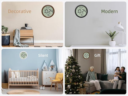 Digital Wall Clock Battery-Operated, 8 Inch Small Decorative Modern Wall Clock with Date, Temperature, Auto-DST, Silent Electric Wall Clock for Bedroom, Living Room, Kitchen, Office, Farmhouse - White