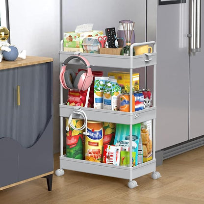 SOLEJAZZ 3 Tier Rolling Storage Cart with Wheels Slim Craft Nail Makeup Snack Art Baby Utility Cart Organizer on 2 Lockable Wheels for Bathroom Laundry Room Kitchen Bedside Narrow Spaces, Gray