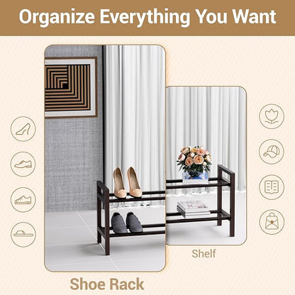 Haddockway Bamboo Shoe Rack for Closet, Free Standing Shoe Organizer with Smooth Round Rods & Convenient Handles, Stackable Shoe Storage Shelf for Entryway, Hallway(Brown, 2-Tier(Small))