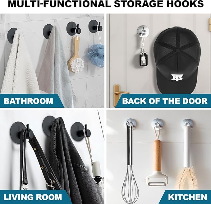 Towel Hooks for Bathroom (4 Pack) Adhesive Towel Hook Shower Hooks for Inside Shower - Sticky Bathroom Wall Hooks for Hanging Towels, Robe, Loofah, Bath Sponge - Brushed Nickel Towel Hooks