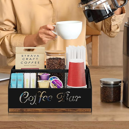 Coffee Station Organizer, Rustic Brown Wooden Countertop Coffee Bar Accessories Organizer with Metal Mesh Compartments for Pods, Syrup, Cups, Stirrer, Tea