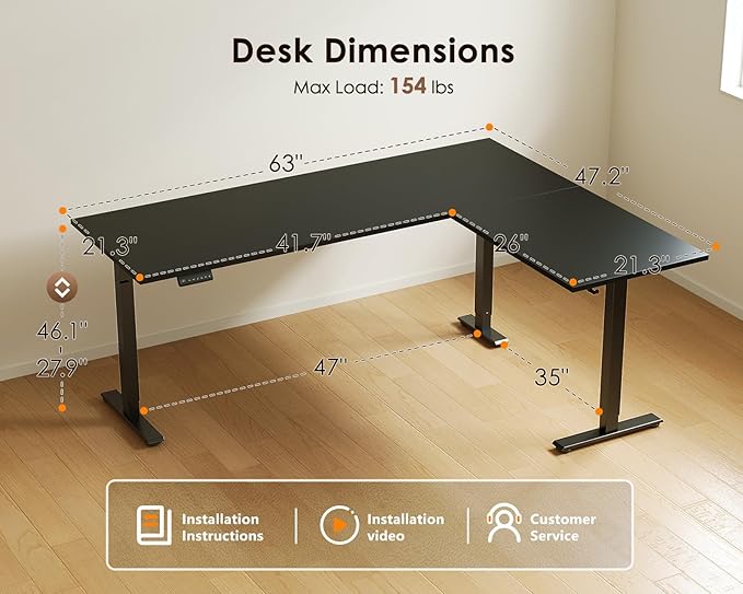 OffiGo 63 Inch Reversible L Shaped Electric Standing Desk, Height Adjustable Corner Stand up Desk, Ergonomic Large Lift Computer Table for Home, Office, Workstation, Black