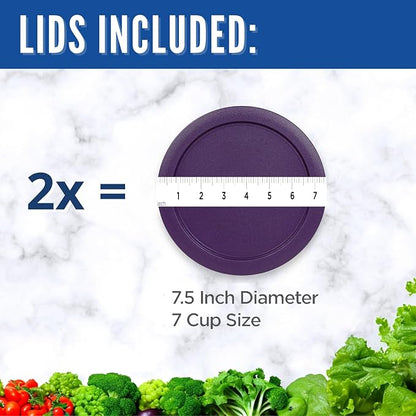 Replacement Lids fits Pyrex 6 & 7-Cup Glass Food Storage Container Bowls, 7.5-Inch Plastic Round Lids Covers for Pyrex 7402-PC, Airtight & Leakproof (2-Pack, Purple)
