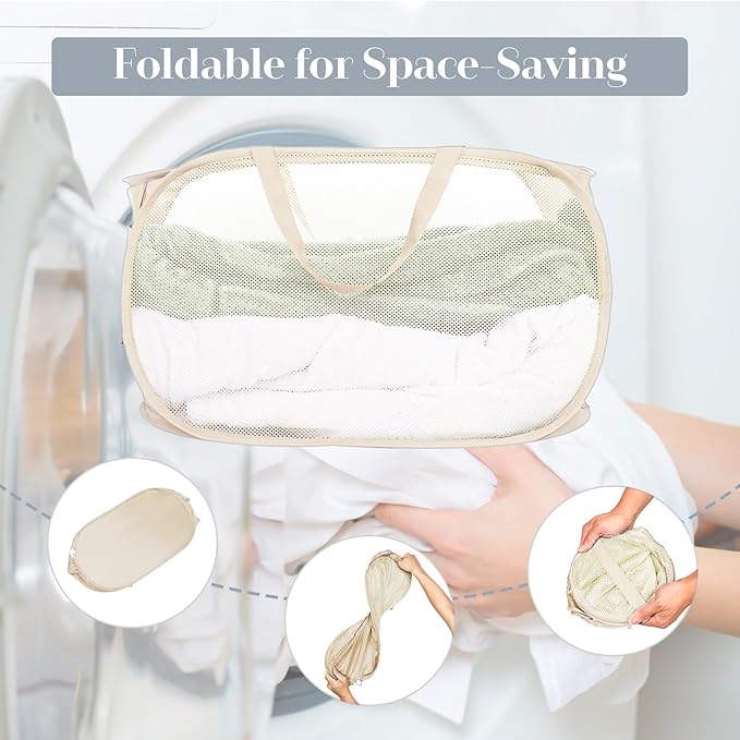4 Pcs Durable Collapsible Laundry Baskets, Foldable Large Opening Pop Up Laundry Hamper with Pocket, Clothes Hamper with Handles for Laundry, Bathroom, Kids Room, Dorm or Travel Beige
