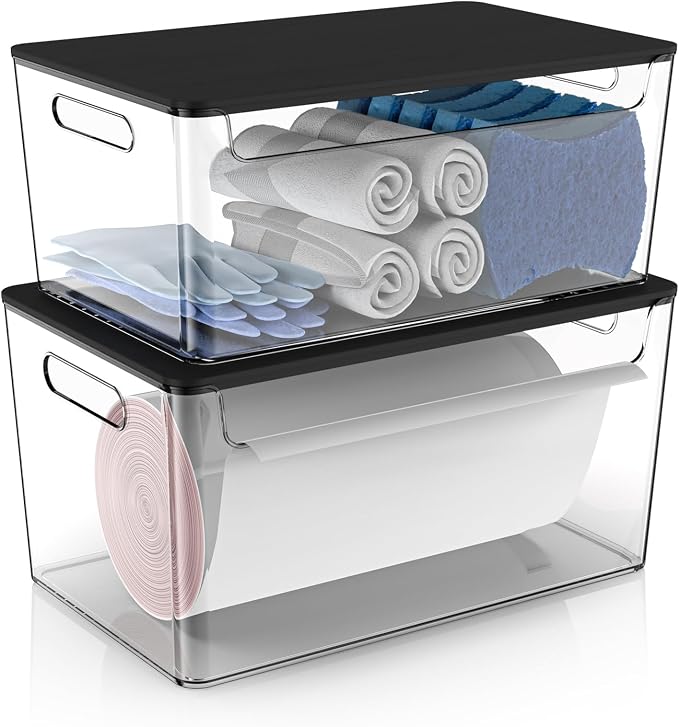 COAZEX 2 Pack Trash Bag Holder Under Sink Stackable, Plastic Garbage Bag Dispenser with Lid, Trash Bag Storage Dispenser Roll Holder for Kitchen, Pantry, Laundry Room Organization (Black Lid)