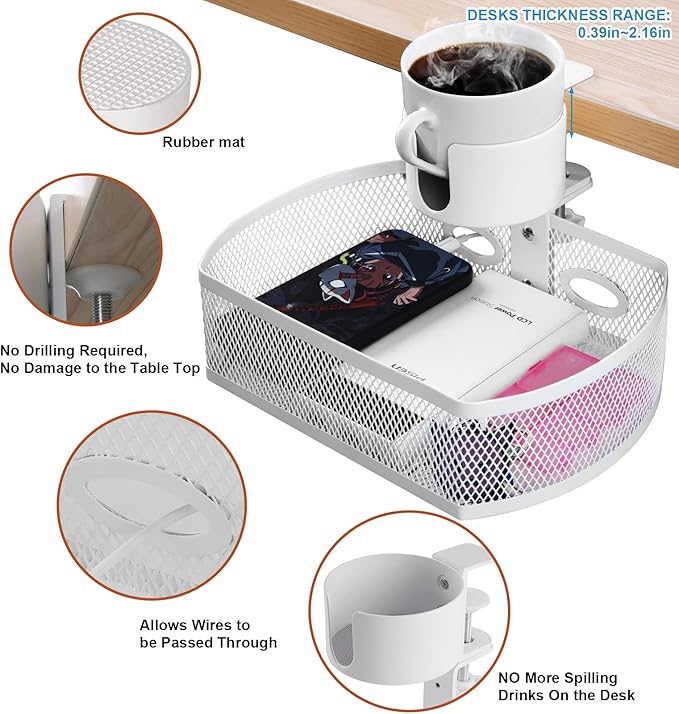 MASTLU Under Desk Organizer,Cup Holder,Table Management Tray, Swivel Pencil Drawer, Office No Drill Steel Organizers,360 Spin Hidden Storage Box with Sturdy C-Clamp,Easy Install (White)