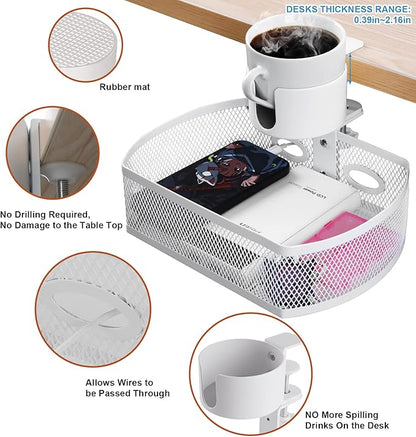 MASTLU Under Desk Organizer,Cup Holder,Table Management Tray, Swivel Pencil Drawer, Office No Drill Steel Organizers,360 Spin Hidden Storage Box with Sturdy C-Clamp,Easy Install (White)