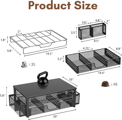 Ekisemio K Cup Organizer, Coffee Pod Holder for Counter with 2 Tier Sliding Storage Drawer & Hanging Baskets, Holds 63 Large or 80 Small Capsules for Coffee Bar, Black