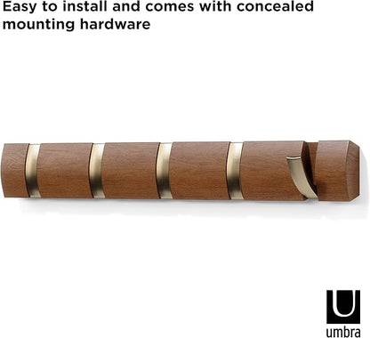 Umbra Flip Wall-Mounted Coat Rack with 5 Hooks – Modern, Space-Saving Storage for Hats, Jackets, Bags, Entryway, Mudroom, Closet, Bathroom, Bedroom – Light Walnut/Gold