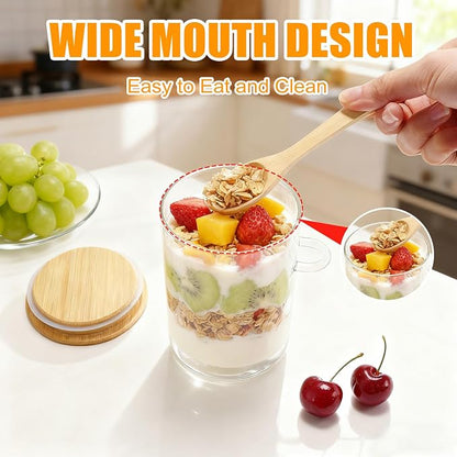 Overnight Oats Jars, Overnight Oats Container with Lid and Spoon, 2 Pack Glass Jars with Bamboo Lids for Cereal, Yogurt, Chia Pudding