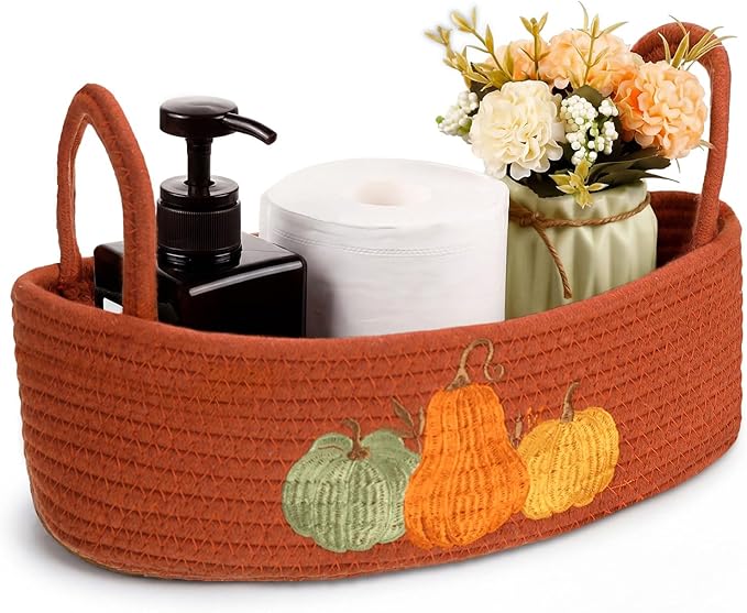 Vesici Pumpkin Toilet Paper Basket Boho Woven Cotton Rope Bathroom Countertop Organizer with Handle Orange Halloween Pumpkin Bathroom Storage Decor for Fall Halloween Bedroom Nursery, 13 x 6 x 4 Inch