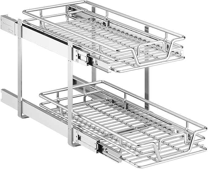 2-Tier Kitchen Cabinet Pull Out Shelf and Drawer Organizer Slide Out Pantry Storaqe Basket in Multiple Sizes (11" W x 18" D)
