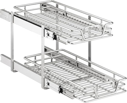 2-Tier Kitchen Cabinet Pull Out Shelf and Drawer Organizer Slide Out Pantry Storaqe Basket in Multiple Sizes (11" W x 18" D)