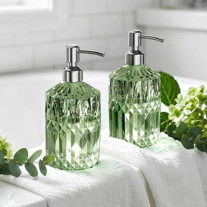AmazerBath Soap Dispenser, 2 Pack Green Glass Soap Dispenser with Pump Stainless Steel, 14.2OZ Refillable Hand Soap Bottles Bathroom Kitchen
