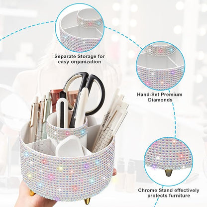 Diesisa Bling Diamond 360° Makeup Brush Holder Organizer, Rotating Makeup Brush Organizer,5 Slot Make up Brushes Cup for Cosmetics, Vanity Desktop Organizer, Gift for Women Teen Girls- Diamond White
