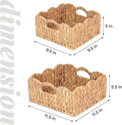Scalloped Baskets (Natural-Set of 2) Basket Living Room Organizer, Water Hyacinth Baskets For Decor, Woven Basket for Bathroom, Bedroom, Laundry. Hyacinth Storage Basket with Built-in Handles
