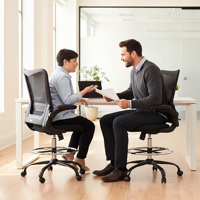 Ergonomic Drafting Chair for Standing Desk, Tall Office Chair with Height Adjustable Arms & Foot Ring, High Back Mesh Counter Stool with Rocking Function