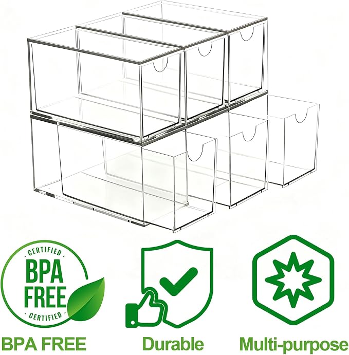 6 Pack Stackable Tea Bag Organizer Drawers – Clear Acrylic Tea Bag Holder for Cabinet, Drawer, Pantry, Countertop – Kitchen Tea Storage Container