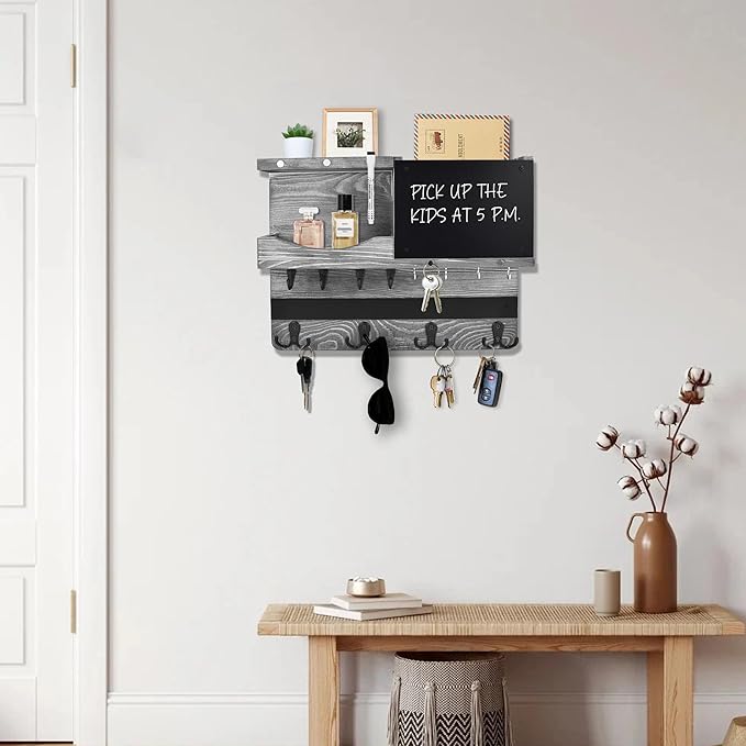 Key Holder for Wall Mount with Shelf and Mail Organizer, Key and Mail Holder with 16 Hooks, Farmhouse Entryway Organizer, Home Decor Rack(Pine Wood,Washed Gray)