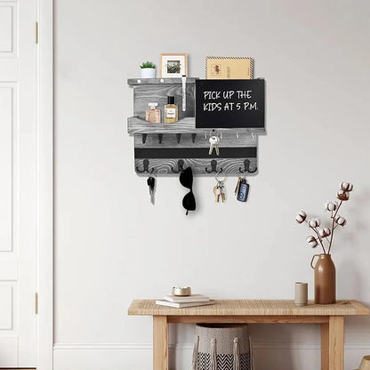 Key Holder for Wall Mount with Shelf and Mail Organizer, Key and Mail Holder with 16 Hooks, Farmhouse Entryway Organizer, Home Decor Rack(Pine Wood,Washed Gray)
