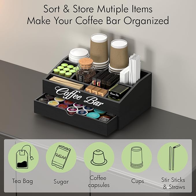 Suli Coffee Bar Station Organizer,Extra Large Wooden Countertop Pods Holder with Drawer,Storage for Condiment Syrup Tea Cups,Rustic Bar Decor for Accessories Organizer (2 Tiers 11 Compartments)-Black