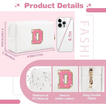 Small Personalized Initial A-Z Patch Makeup Bag,White Cute PU Leather Glitter Letter Cosmetic Bag for Teen Girls,Travel Toiletry Bag with Zipper,Preppy Monogrammed Birthday Gift for Daughter Niece D