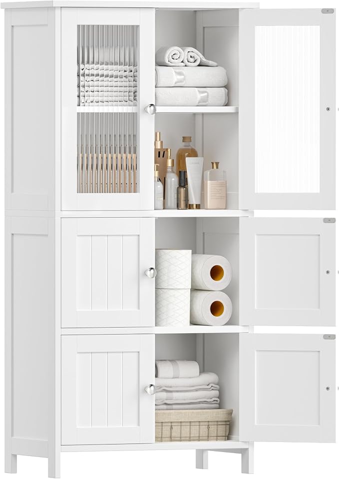 Akxomel 43.3'' H Bathroom Storage Cabinet, Bathroom Floor Cabinet with 6 Doors, Linen Cabinet with Transparent Doors, Modern Bathroom Cabinet for Living Room, Kitchen, Entryway, White