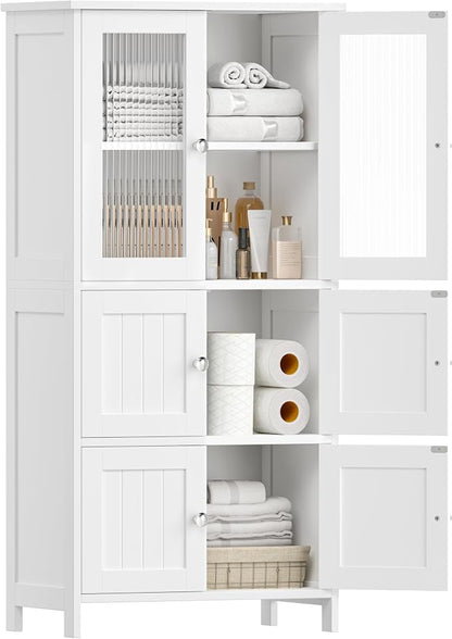 Akxomel 43.3'' H Bathroom Storage Cabinet, Bathroom Floor Cabinet with 6 Doors, Linen Cabinet with Transparent Doors, Modern Bathroom Cabinet for Living Room, Kitchen, Entryway, White
