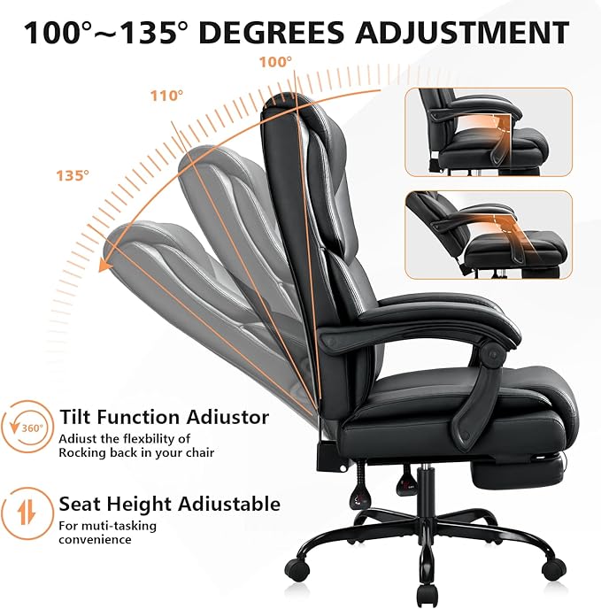 400lbs Office Chair with Foot Rest, Reclining Big and Tall Office Chair with Lumbar Support Spring Cushion, High Back PU Leather Computer Chair,Comfy Desk Chair for Home Office
