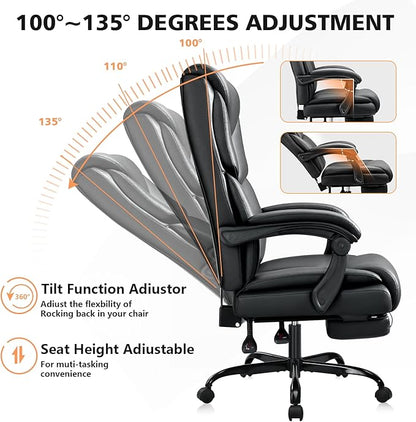 400lbs Office Chair with Foot Rest, Reclining Big and Tall Office Chair with Lumbar Support Spring Cushion, High Back PU Leather Computer Chair,Comfy Desk Chair for Home Office