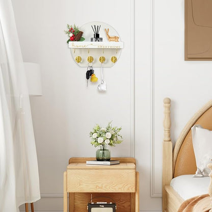 Key Holder for Wall, Key and Mail Holder Organizer - Key Holder Wall Mount with Bouquet Shelf and Key Hooks, Round Wooden Rustic Key Rack for Entryway and Home Decor (White)