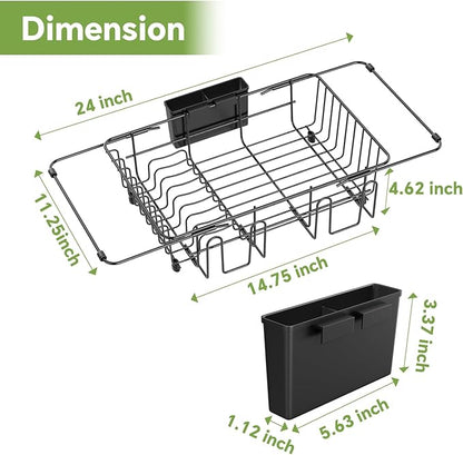Simple Trending Expandable Dish Drying Rack in Sink, Adjustable Dish Drainers for Kitchen Counter, Inside Sink, Over the Sink with Utensil Holder, Black