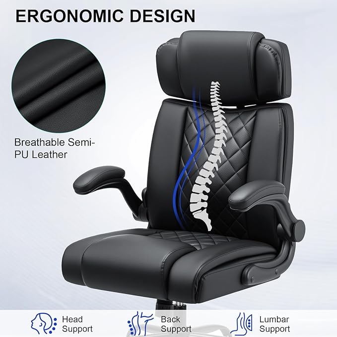 VANSPACE Executive Office Chair with Adjustable Lumbar Support and Headrest 440lbs Ergonomic Computer Chair Comfy High Back Swivel Rolling Office Chair with Flip-up Arms for Heavy People(Black)