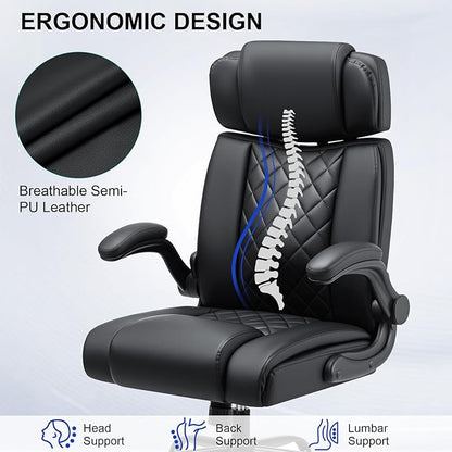 VANSPACE Executive Office Chair with Adjustable Lumbar Support and Headrest 440lbs Ergonomic Computer Chair Comfy High Back Swivel Rolling Office Chair with Flip-up Arms for Heavy People(Black)