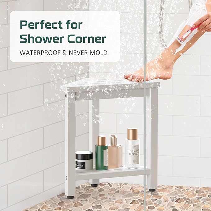 Shower Foot Rest 14in, HDPE Waterproof Shower Stool for Inside Shower, Corner Shower Stool for Shaving Legs with Storage Shelf, Shower Step Stool for Small Space, Plastic Corner Shower Bench, White