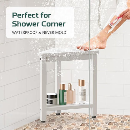 Shower Foot Rest 14in, HDPE Waterproof Shower Stool for Inside Shower, Corner Shower Stool for Shaving Legs with Storage Shelf, Shower Step Stool for Small Space, Plastic Corner Shower Bench, White