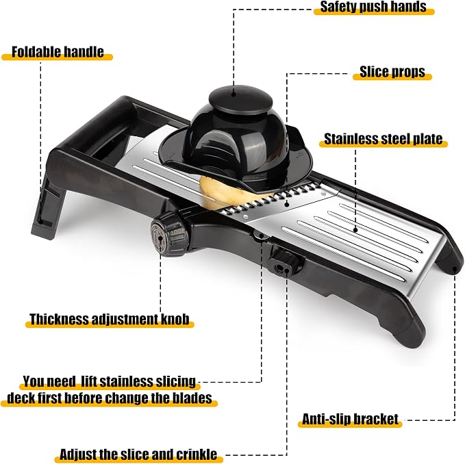 Mandoline Food slicer for kitchen, Adjustable Stainless Steel Mandoline Vegetable slicer, Food slicer Onion Potato Chip French Fry, 7 in-1 Adjustable Blade, Including 1 Pair of Gloves