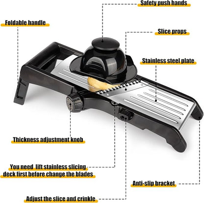 Mandoline Food slicer for kitchen, Adjustable Stainless Steel Mandoline Vegetable slicer, Food slicer Onion Potato Chip French Fry, 7 in-1 Adjustable Blade, Including 1 Pair of Gloves