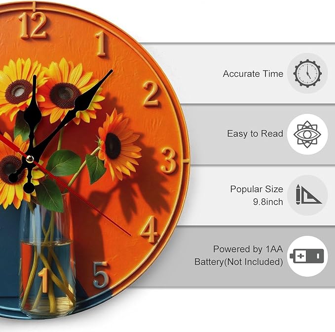 Wall Clock， Sunflower Modern Non Ticking Wall Clocks Battery Operated， Orange and Blue Wooden Wall Clocks for Kitchen， Living Room， Bedroom， Office， Bathroom Decorative 25 * 25cm
