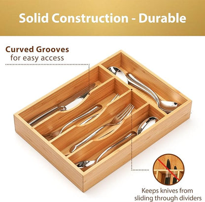 Umilife Bamboo Kitchen Drawer Organizer, 8.25 Inch Silverware Utensils Tray Holder for Small Drawer, Wood Caddy for Flatware Cutlery Knives