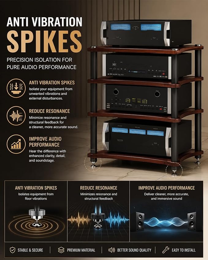 Heavy Duty Audio Component Rack, Large Storage Space AV Media Stand with Shock-Absorbing Foot pegs, Audio Rack Tower CD Player Stand for Home/Office/Audio Video/Theate (Black Walnut, 3rd)