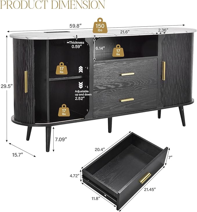 60" Sideboard Buffet Cabinet with Storage, Sliding Door & Adjustable Shelf, Modern Credenza with 2 Drawer, Accent Sideboard Coffee Bar Console Table for Kitchen, Entryway and Living Room