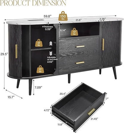 60" Sideboard Buffet Cabinet with Storage, Sliding Door & Adjustable Shelf, Modern Credenza with 2 Drawer, Accent Sideboard Coffee Bar Console Table for Kitchen, Entryway and Living Room