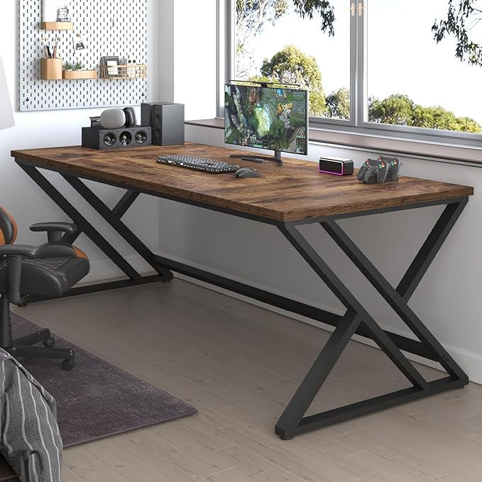 LVB 78.7" Computer Desk, Industrial Extra Long Wood Home Office Desk, Large Rustic Modern Metal Workstation Pc Study Writing table, Dual monitor Double Work Executive Desk for Two Person, Rustic Brown