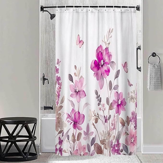 Pink Floral Shower Curtain, Pink Lavender Floral Butterfly Boho Shower Curtains for Bathroom, Farmhous Flower Cute Fabric Shower Curtain Set with 12PCS Hooks, 70X85IN