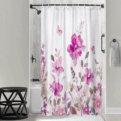 Pink Floral Shower Curtain, Pink Lavender Floral Butterfly Boho Shower Curtains for Bathroom, Farmhous Flower Cute Fabric Shower Curtain Set with 12PCS Hooks, 70X85IN