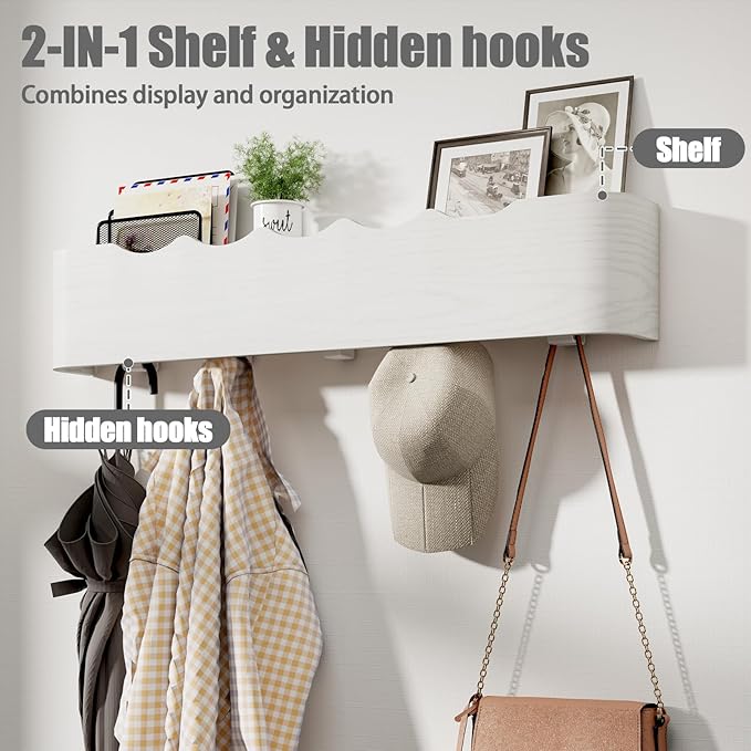 Coat Rack Wall Mount with Shelf 8 Hidden Hooks Modern Wooden Key Holder Entryway Organizer for Hallway Bedroom Bathroom Home Decor Storage for Hanging Coats Hats Bags Towels, Wave-Shape White