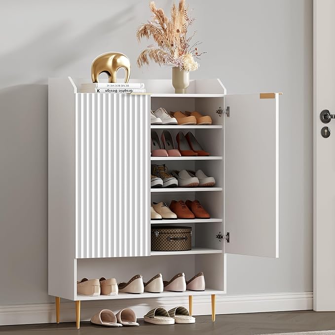 SICOTAS Shoe Cabinet Storage Set of 2, 56 Pairs Large Capacity, 7-Tier Shoe Organizer with Adjustable Shelves, 50.7″ Tall Fluted Entryway Shoe Cabinet for Hallway, Living Room, White