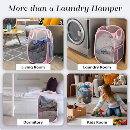Handy Laundry Collapsible Mesh Pop Up Laundry Hamper with Side Pocket, Breathable & Space-Saving Foldable Basket for Clothes, Toys, Travel, Storage, 14 x 13 x 24 in, Pink