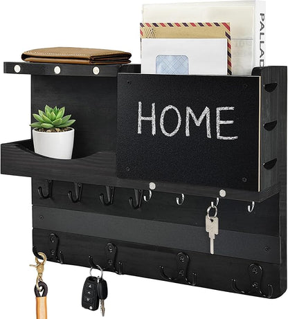 Key Holder for Wall Mount with Shelf and Mail Organizer, Key and Mail Holder with 16 Hooks, Farmhouse Entryway Organizer, Home Decor Rack (Pine Wood, Black)